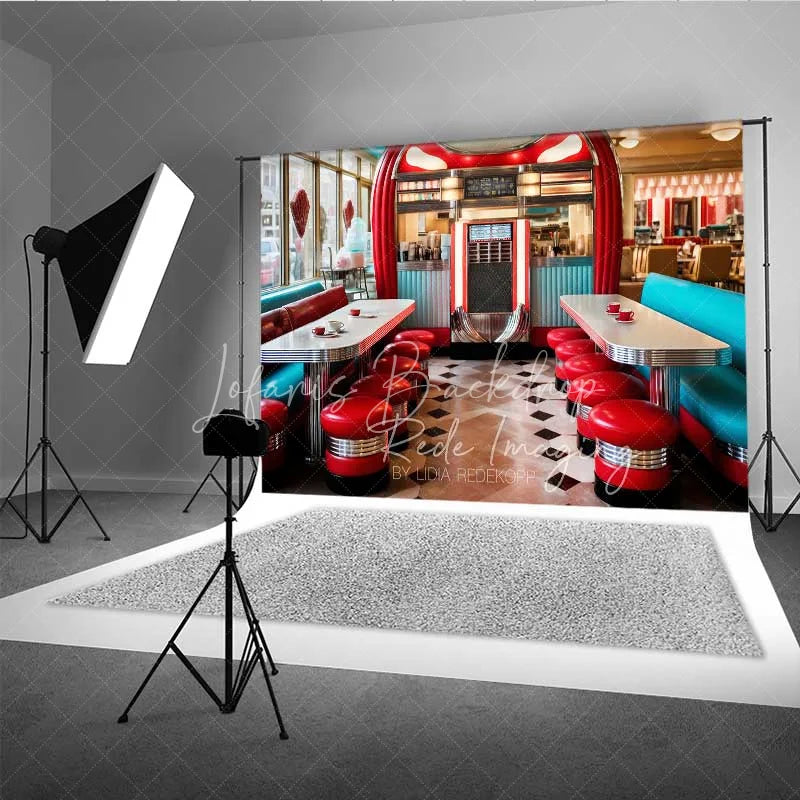 Lofaris 50s Retro Diner Photography Backdrop Red Stools Jukebox Checkerboard Floor Background Vintage Restaurant Photo Prop