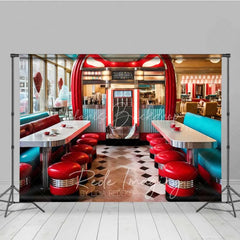 Lofaris 50s Retro Diner Photography Backdrop Red Stools Jukebox Checkerboard Floor Background Vintage Restaurant Photo Prop