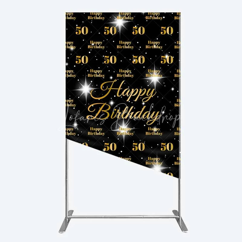 Lofaris 50th Birthday Rectangle Backdrop Black and Gold Step Repeat Pattern Decoration