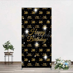 Lofaris 50th Birthday Rectangle Backdrop Black and Gold Step Repeat Pattern Decoration