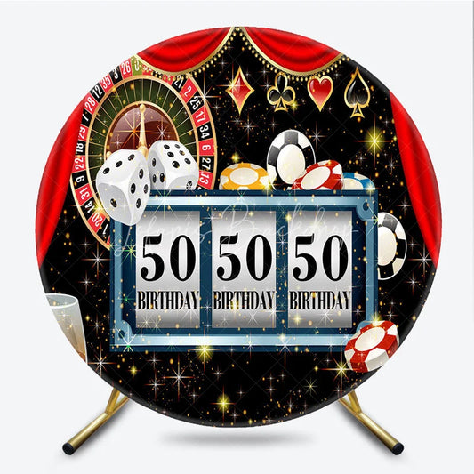 Lofaris 50th Birthday Round Backdrop Casino Las Vegas Slot Machine Red Curtain Party
