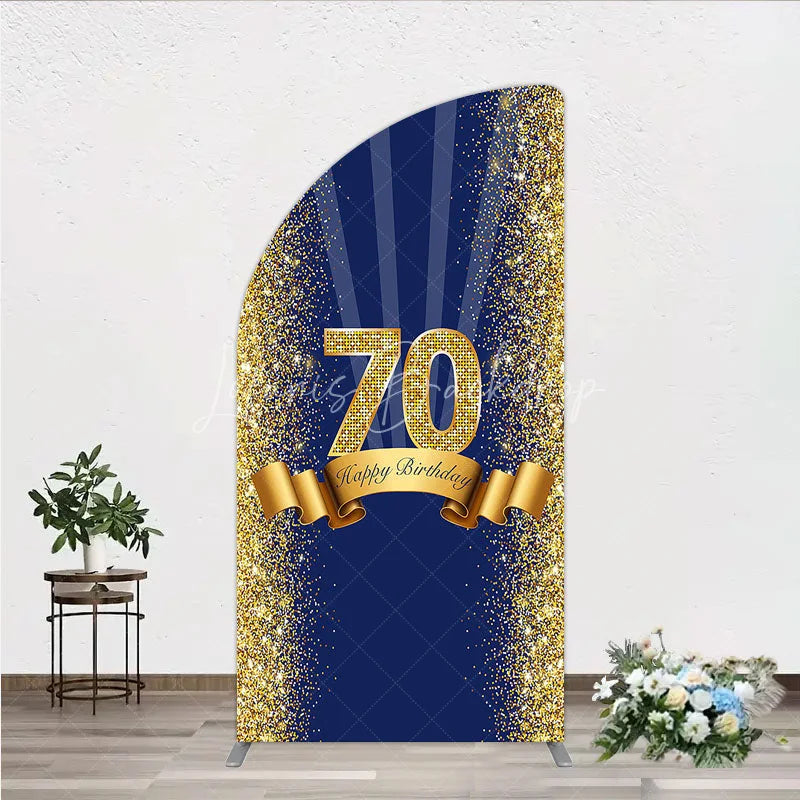 Lofaris 70th Happy Birthday Half Moon Arch Backdrop Navy Blue and Gold Glitter Sparkle Party Celebration Background