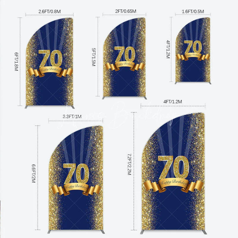 Lofaris 70th Happy Birthday Half Moon Arch Backdrop Navy Blue and Gold Glitter Sparkle Party Celebration Background
