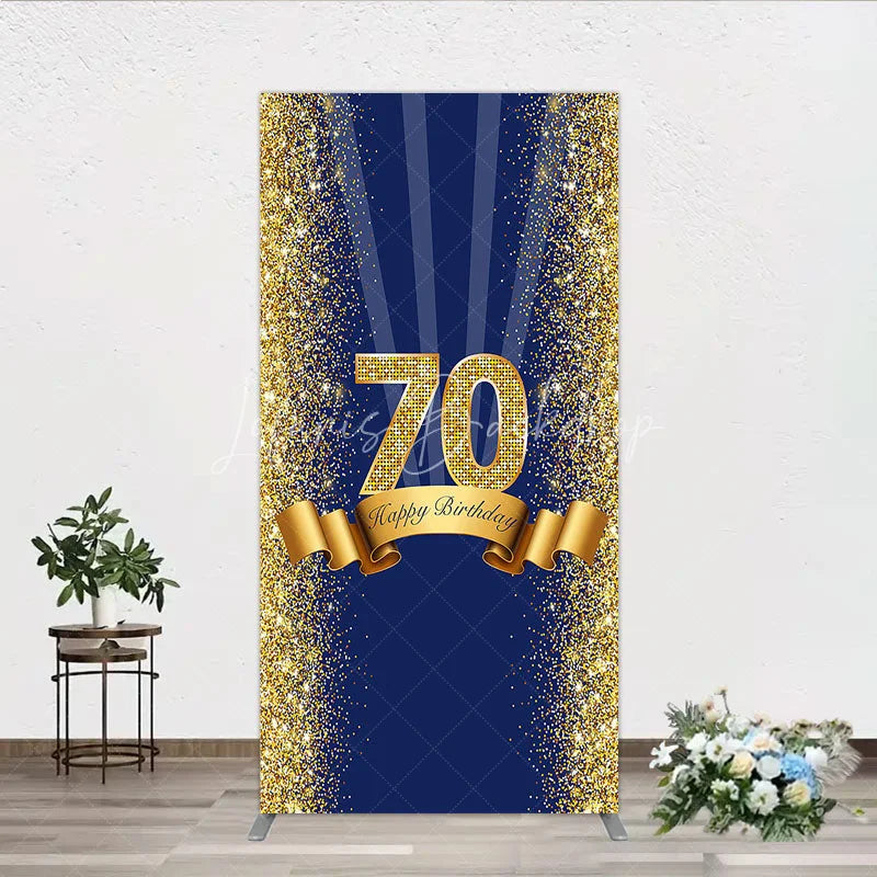 Lofaris 70th Happy Birthday Rectangle Backdrop Navy Blue and Gold Glitter Sparkle Party Celebration Background