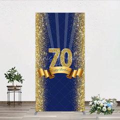 Lofaris 70th Happy Birthday Rectangle Backdrop Navy Blue and Gold Glitter Sparkle Party Celebration Background