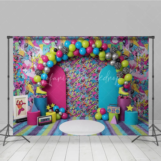 Lofaris 80s 90s Graffiti Retro Birthday Backdrop Vibrant Neon Pattern and Roller Skate Cake Smash Background