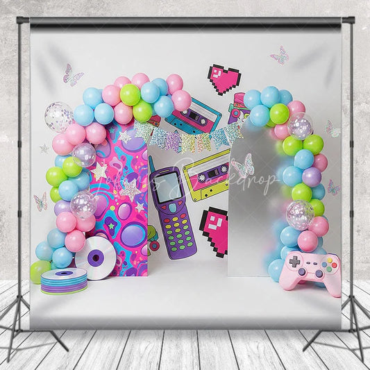 Lofaris 90s Retro Nostalgia Arch Backdrop Cassette and Game Controller for Birthday Party