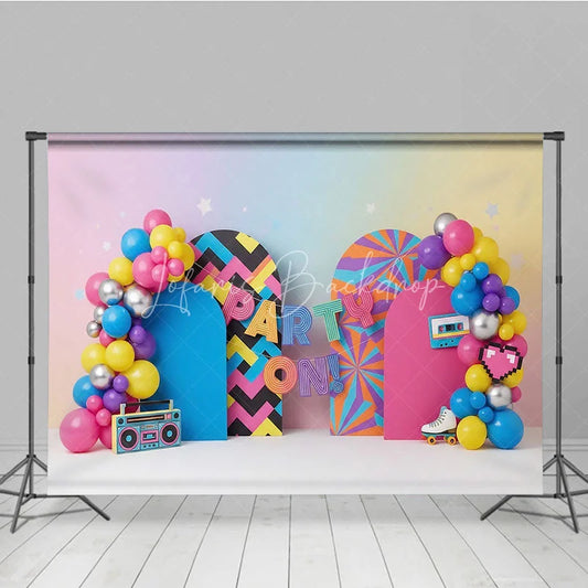 Lofaris 90s Retro Party On Birthday Backdrop Neon Colorful Boombox and Roller Skate Cake Smash Background