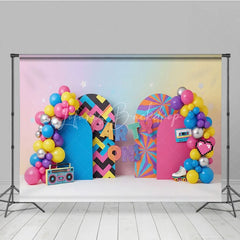 Lofaris 90s Retro Party On Birthday Backdrop Neon Colorful Boombox and Roller Skate Cake Smash Background