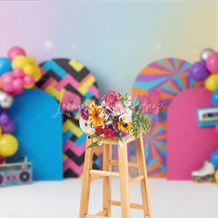 Lofaris 90s Retro Party On Birthday Backdrop Neon Colorful Boombox and Roller Skate Cake Smash Background