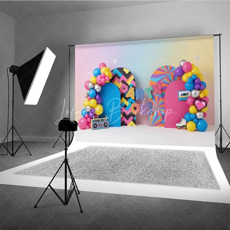 Lofaris 90s Retro Party On Birthday Backdrop Neon Colorful Boombox and Roller Skate Cake Smash Background