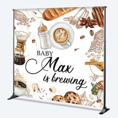 Lofaris A Baby is Brewing Custom Backdrop Coffee and Croissant Themed Shower Personalized Cafe Welcome Sign Decor