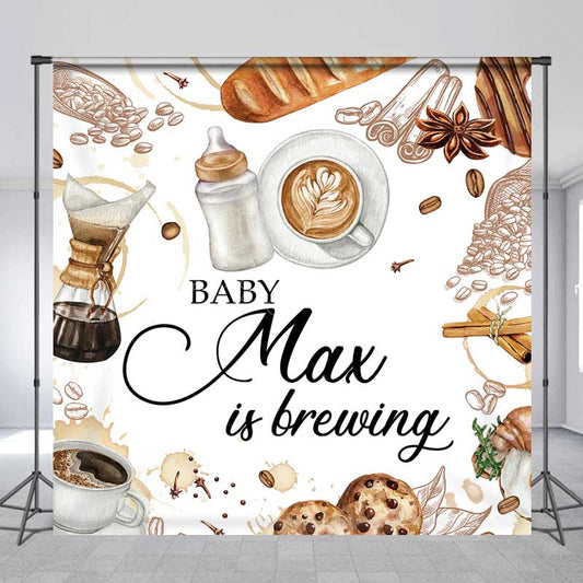 Lofaris A Baby is Brewing Custom Backdrop Coffee and Croissant Themed Shower Personalized Cafe Welcome Sign Decor