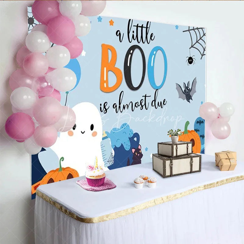 Lofaris A Little Boo is Almost Due Halloween Baby Shower Backdrop Cute Ghost with Blue and Orange Spooky Party for Boy