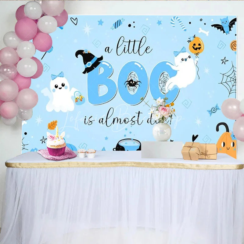 Lofaris A Little Boo is Almost Due Halloween Baby Shower Backdrop Cute Ghost with Blue Pumpkins Spooky Party for Boy