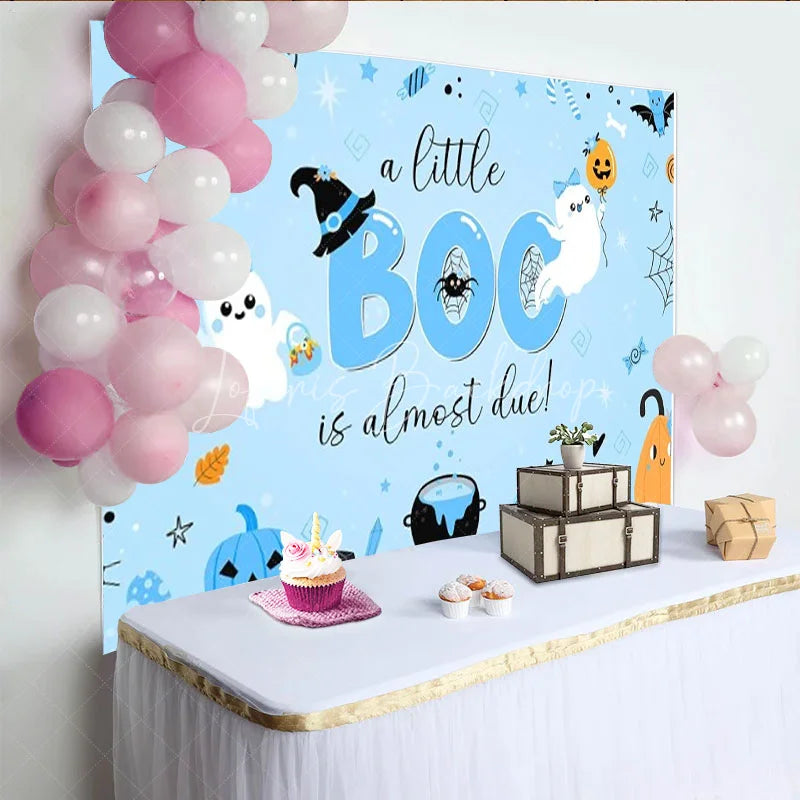 Lofaris A Little Boo is Almost Due Halloween Baby Shower Backdrop Cute Ghost with Blue Pumpkins Spooky Party for Boy