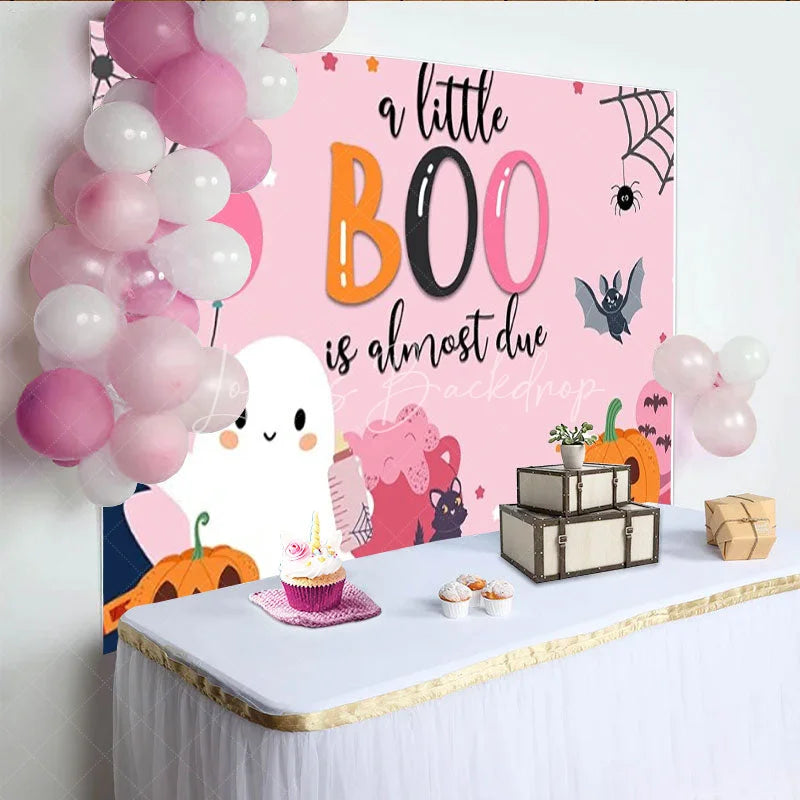 Lofaris A Little Boo is Almost Due Halloween Baby Shower Backdrop Cute Ghost with Pink Pumpkins Spooky Party for Girl