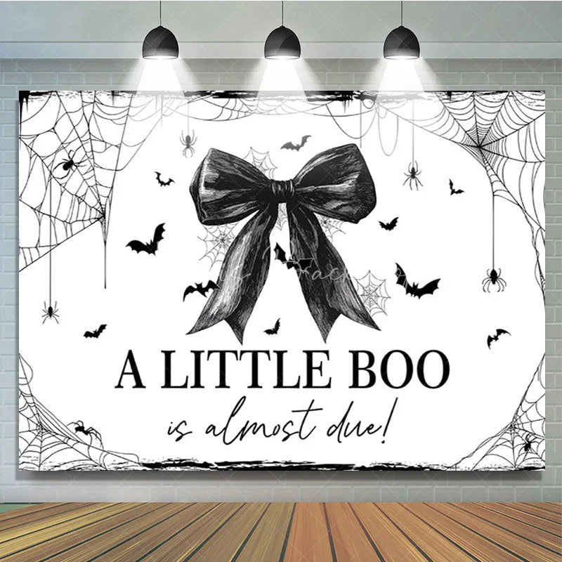 Lofaris A Little Boo is Almost Due Halloween Baby Shower Backdrop Gothic Black Bow with Spiders Spooky Elegant Decor