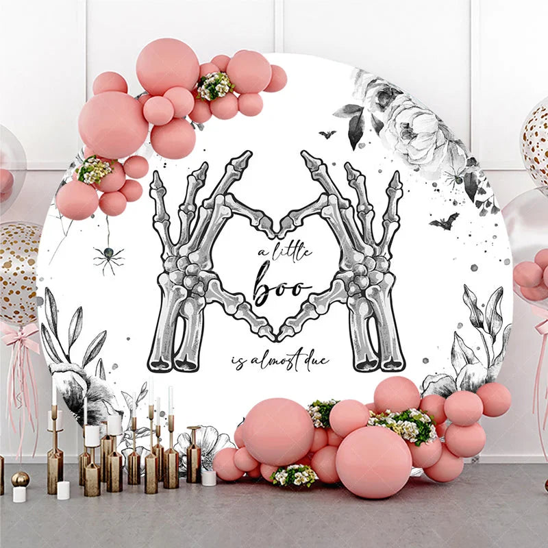 Lofaris A Little Boo is Almost Due Round Backdrop Gothic Skeleton Hands with Floral Halloween Baby Shower Decor