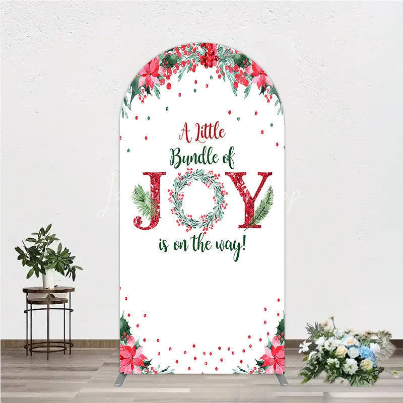 Lofaris A Little Bundle of Joy is on the Way Arch Backdrop Christmas Baby Shower with Poinsettia Winter Floral Decor