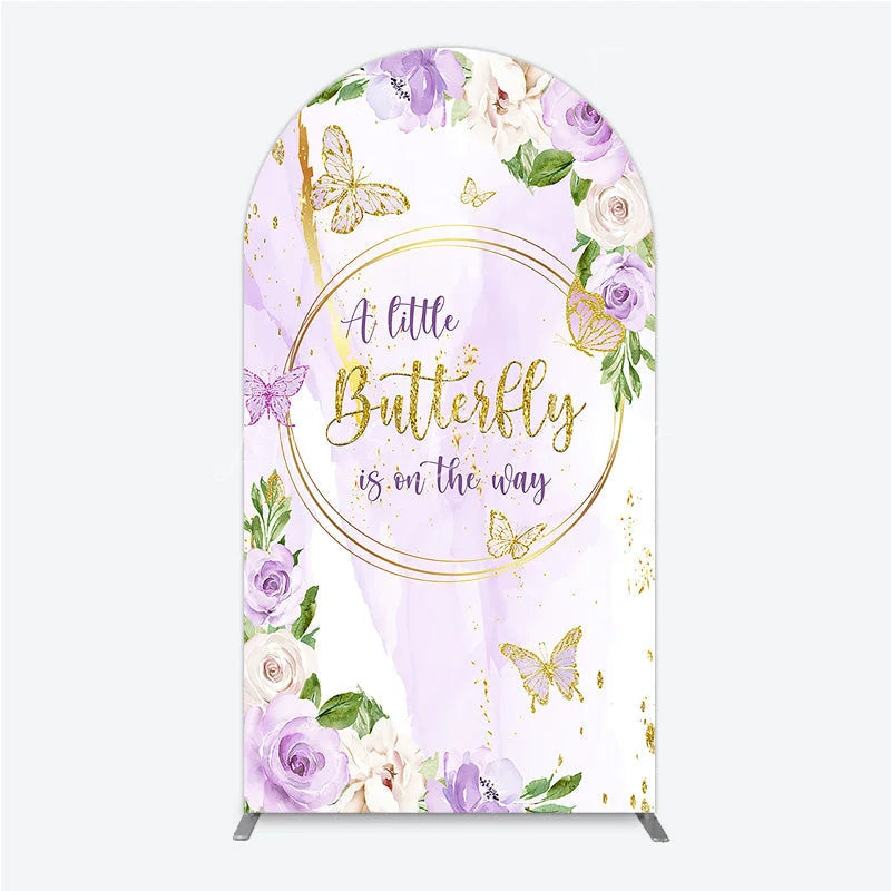 Lofaris A Little Butterfly is on the way Arch Backdrop Purple Floral Baby Shower Decor Gold for Girl