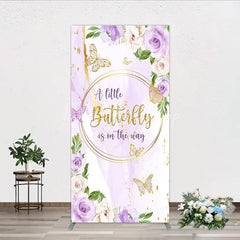 Lofaris A Little Butterfly is on the way Rectangle Backdrop Purple Floral Baby Shower Decor Gold for Girl