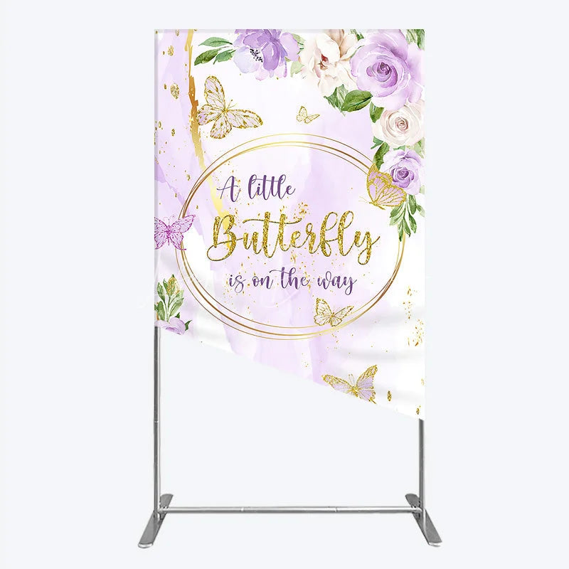 Lofaris A Little Butterfly is on the way Rectangle Backdrop Purple Floral Baby Shower Decor Gold for Girl