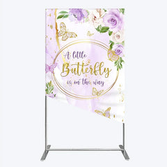 Lofaris A Little Butterfly is on the way Rectangle Backdrop Purple Floral Baby Shower Decor Gold for Girl