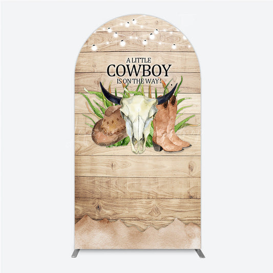 Lofaris A Little Cowboy is on the Way Arch Backdrop Rustic Western Baby Shower Decor Wood and String Lights Photo Booth