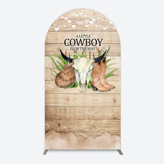 Lofaris A Little Cowboy is on the Way Arch Backdrop Rustic Western Baby Shower Decor Wood and String Lights Photo Booth