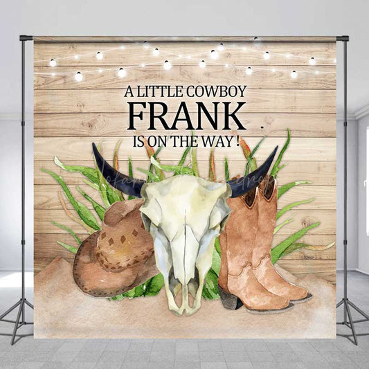 Lofaris A Little Cowboy Is On The Way Custom Backdrop Western Themed Baby Shower Rustic Wood and Skull Photo Prop Decor