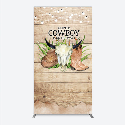 Lofaris A Little Cowboy is on the Way Rectangle Backdrop Rustic Western Baby Shower Decor Wood and String Lights Photo Booth