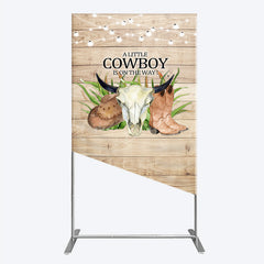 Lofaris A Little Cowboy is on the Way Rectangle Backdrop Rustic Western Baby Shower Decor Wood and String Lights Photo Booth