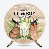 Lofaris A Little Cowboy Is On The Way Round Backdrop Western Themed Baby Shower Rustic Wood and Skull Photo Prop Decor