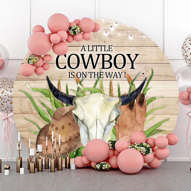 Lofaris A Little Cowboy Is On The Way Round Backdrop Western Themed Baby Shower Rustic Wood and Skull Photo Prop Decor