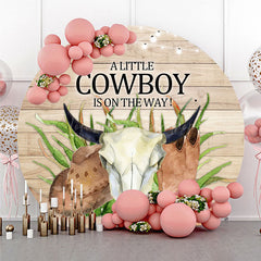Lofaris A Little Cowboy Is On The Way Round Backdrop Western Themed Baby Shower Rustic Wood and Skull Photo Prop Decor