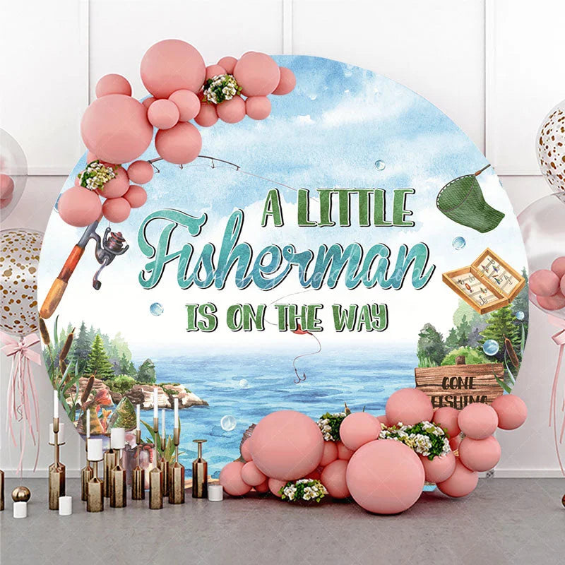 Lofaris A Little Fisherman Is On The Way Round Backdrop Gone Fishing Theme Lake and Boat Party Cover