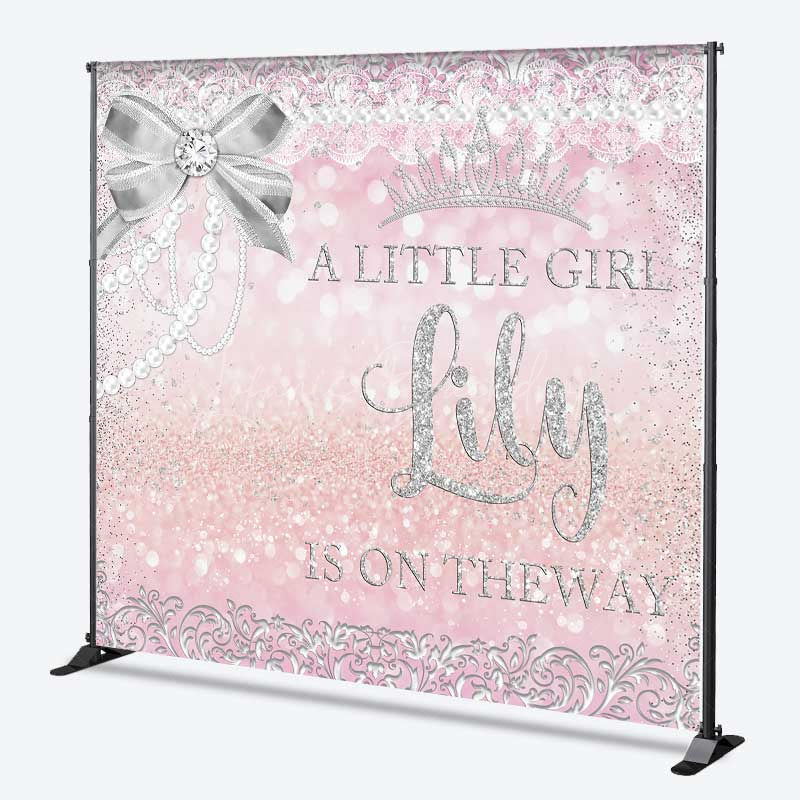 Lofaris A Little Girl Is On The Way Custom Backdrop Pink and Silver Glitter Baby Shower Princess Crown Pearls Banner