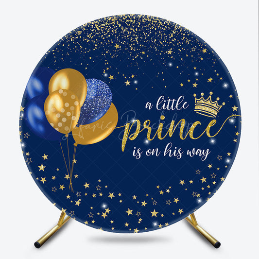 Lofaris A Little Prince is on His Way Round Backdrop Royal Blue and Gold with Crown Themed Baby Shower Decor
