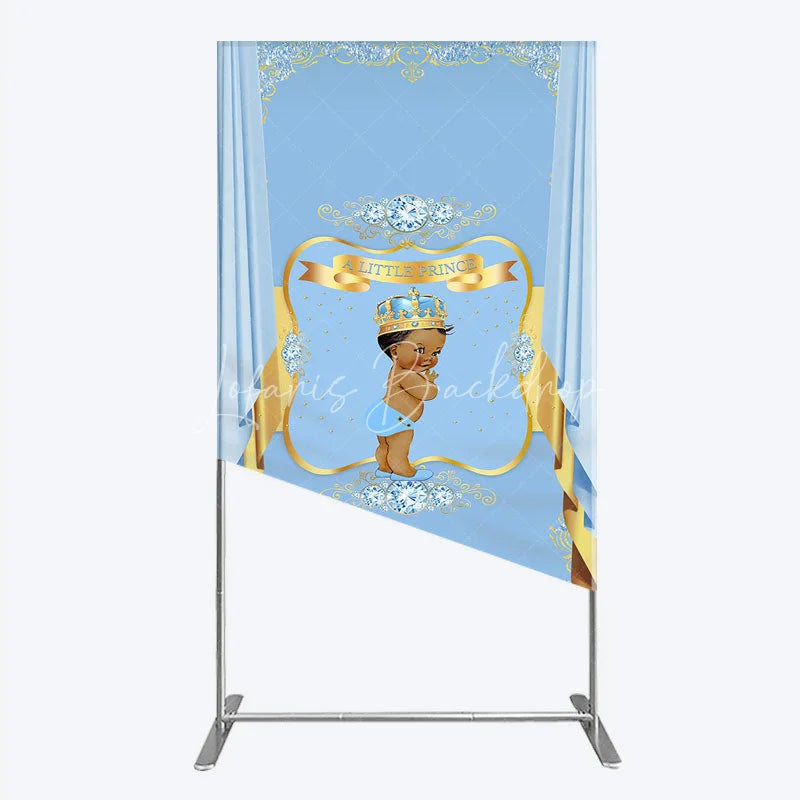 Lofaris A Little Prince Royal Blue Baby Shower Rectangle Backdrop Diamond and Gold Crown Party Cover