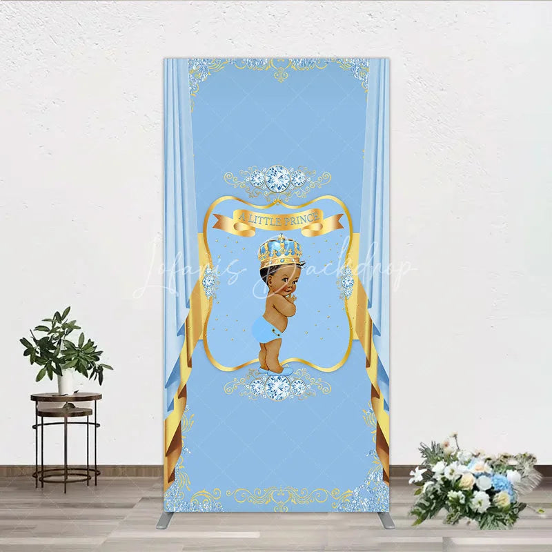 Lofaris A Little Prince Royal Blue Baby Shower Rectangle Backdrop Diamond and Gold Crown Party Cover