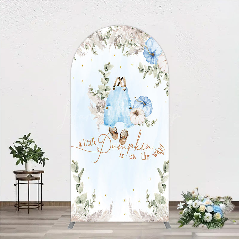 Lofaris A Little Pumpkin is on the Way Arch Backdrop Boho Baby Shower Decor with Pampas Grass Blue Overalls Theme for Boy