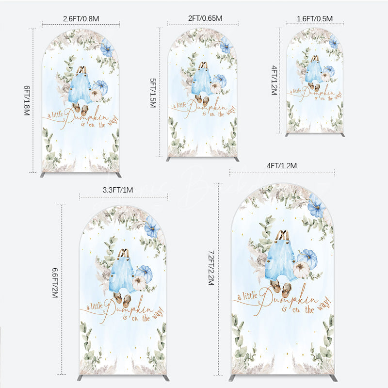 Lofaris A Little Pumpkin is on the Way Arch Backdrop Boho Baby Shower Decor with Pampas Grass Blue Overalls Theme for Boy