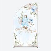 Lofaris A Little Pumpkin is on the Way Half Moon Arch Backdrop Boho Baby Shower Decor with Pampas Grass Blue Overalls Theme for Boy