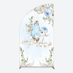 Lofaris A Little Pumpkin is on the Way Half Moon Arch Backdrop Boho Baby Shower Decor with Pampas Grass Blue Overalls Theme for Boy