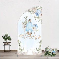 Lofaris A Little Pumpkin is on the Way Half Moon Arch Backdrop Boho Baby Shower Decor with Pampas Grass Blue Overalls Theme for Boy