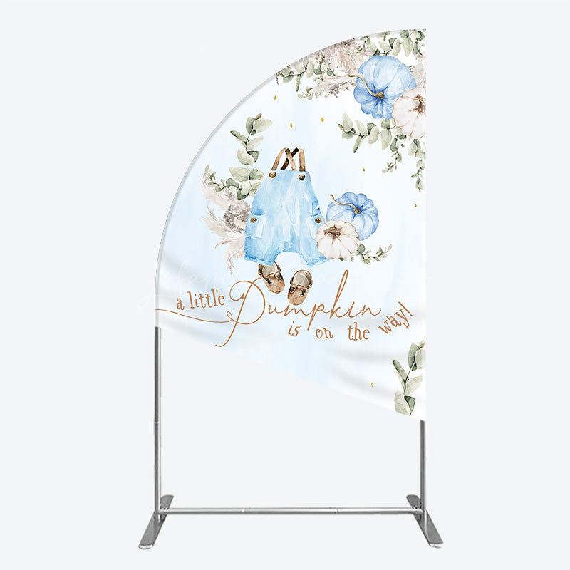 Lofaris A Little Pumpkin is on the Way Half Moon Arch Backdrop Boho Baby Shower Decor with Pampas Grass Blue Overalls Theme for Boy