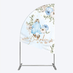 Lofaris A Little Pumpkin is on the Way Half Moon Arch Backdrop Boho Baby Shower Decor with Pampas Grass Blue Overalls Theme for Boy