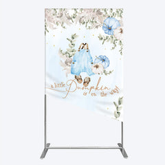 Lofaris A Little Pumpkin is on the Way Rectangle Backdrop Boho Baby Shower Decor with Pampas Grass Blue Overalls Theme for Boy
