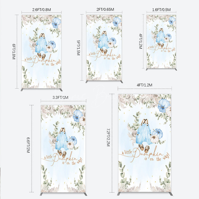 Lofaris A Little Pumpkin is on the Way Rectangle Backdrop Boho Baby Shower Decor with Pampas Grass Blue Overalls Theme for Boy